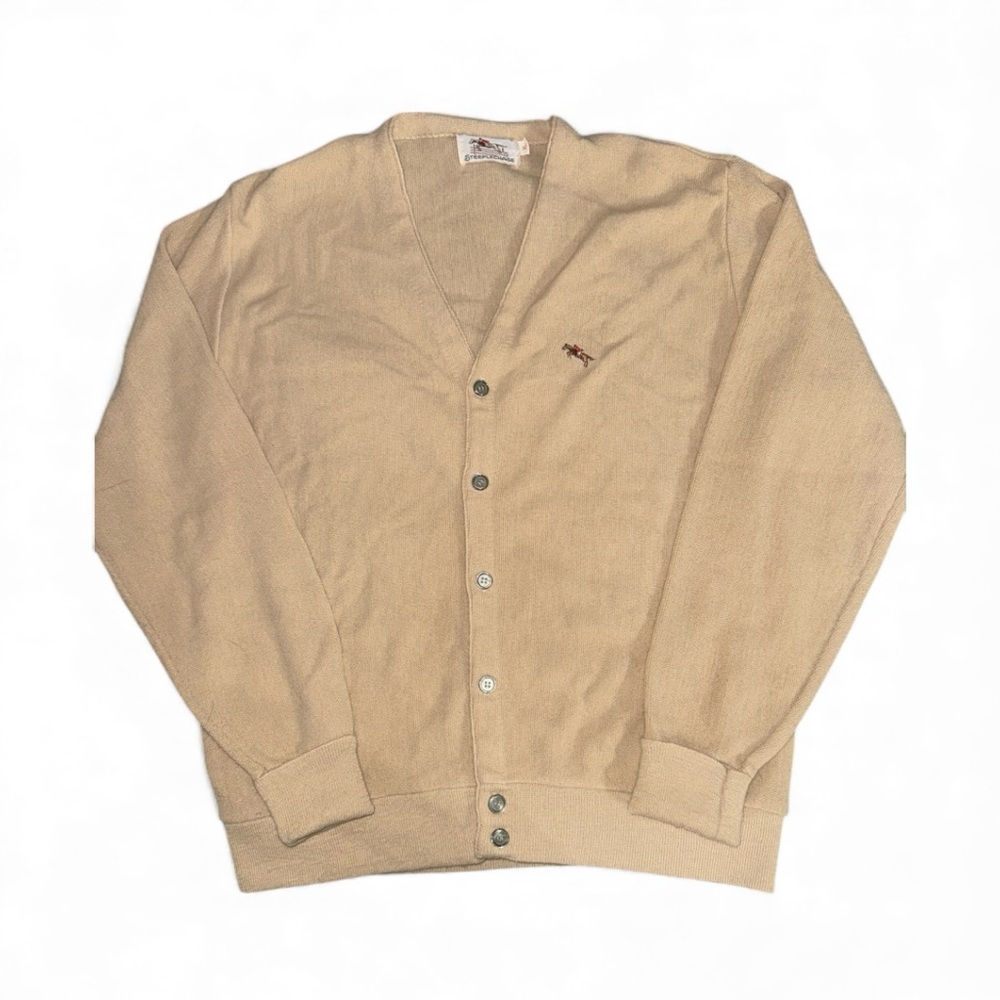 Vintage 70s Steeplechase Cardigan Men's XL Beige Horse Logo Classic Sweater